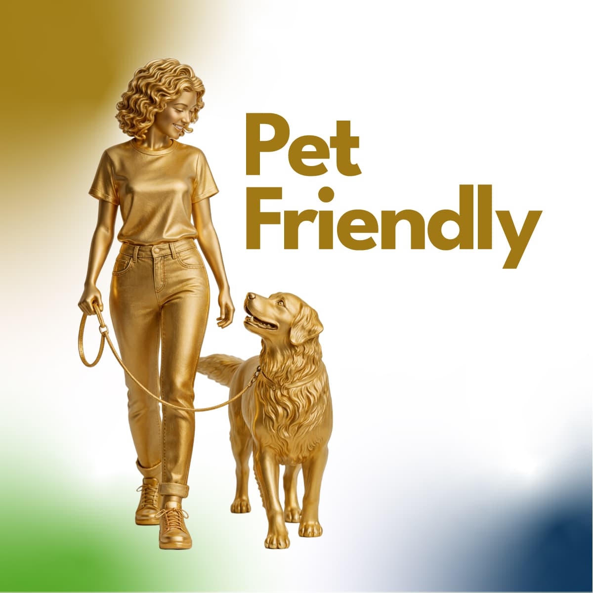 Ilustração de uma pessoa passeando com um cachorro dourado, representando a política pet friendly do shopping