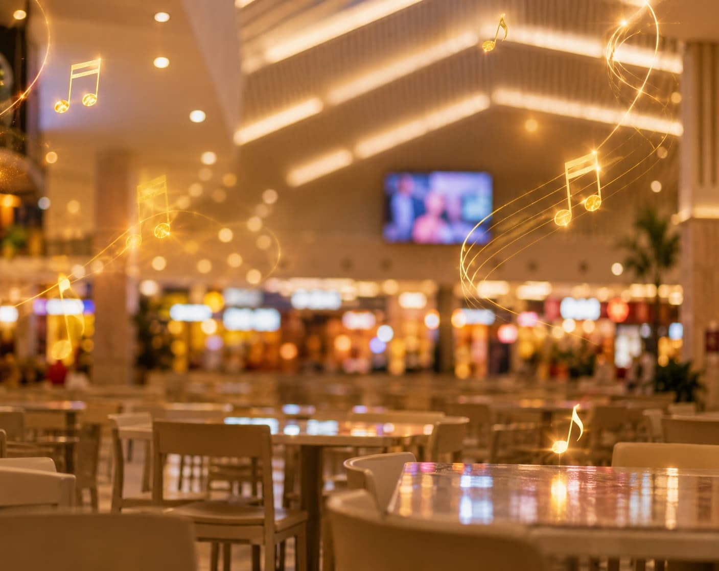 Praça de alimentação do Shopping Dubai à noite, com notas musicais ilustrando a música ao vivo