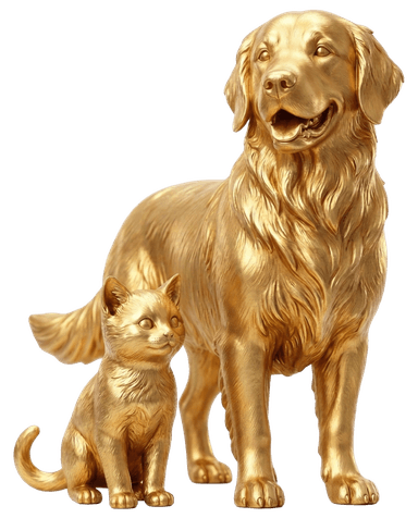 Mascotes cachorro e gato dourados do Shopping Dubai